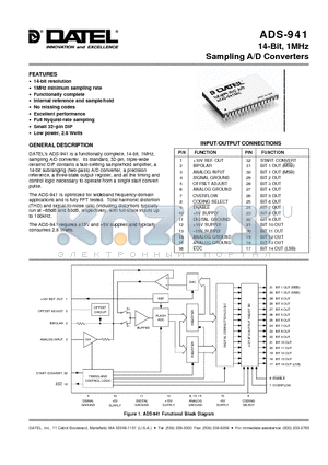 ADS-941MC datasheet - 14-Bit, 1MHz Sampling A/D Converters