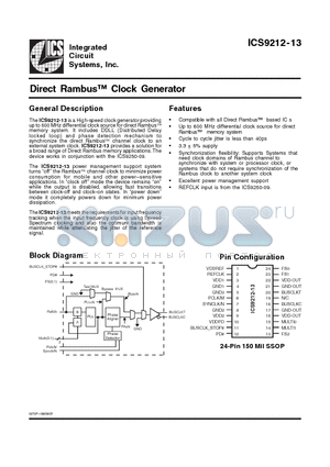ICS9212-13 datasheet - Direct Rambus Clock Generator