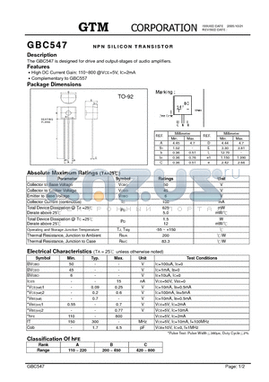 GBC547 datasheet - NPN SILICON TRANSISTOR