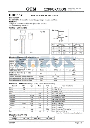 GBC557 datasheet - PNP SILICON TRANSISTOR