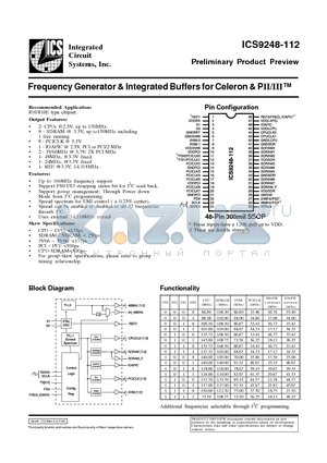 ICS9248-112 datasheet - Frequency Generator & Integrated Buffers for Celeron & PII/III