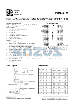 ICS9248-126 datasheet - Frequency Generator & Integrated Buffers for Celeron & PII/III & K6