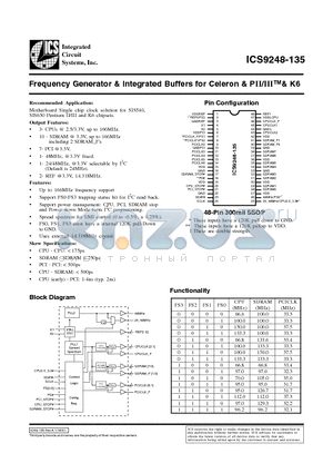 ICS9248-135 datasheet - Frequency Generator & Integrated Buffers for Celeron & PII/III& K6