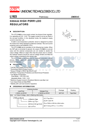 L1923L-XX-AF5-R datasheet - 500mA HIGH PSRR LDO REGULATORS