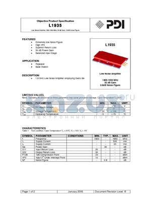 L1935 datasheet - Low Noise Amplifier 1800-1950 MHz, 35 dB Gain, 0.9dB Noise Figure