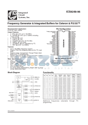 ICS9248-96 datasheet - Frequency Generator & Integrated Buffers for Celeron & PII/III