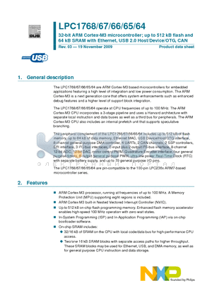 LPC64 datasheet - 32-bit ARM Cortex-M3 microcontroller; up to 512 kB flash and 64 kB SRAM with Ethernet, USB 2.0 Host/Device/OTG, CAN