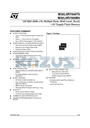 M30L0R7000B0ZAQT datasheet - 128 Mbit (8Mb x16, Multiple Bank, Multi-Level, Burst), 1.8V Supply Flash Memory