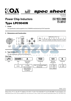 LPC9040NATED101M datasheet - Power Chip Inductors
