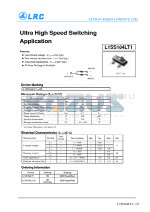 L1SS184LT1 datasheet - Ultra High Speed Switching Application