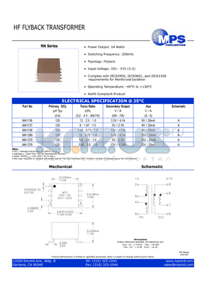 MA1276 datasheet - HF FLYBACK TRANSFORMER