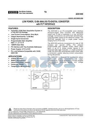 ADS1000A1IDBVT datasheet - LOW POWER, 12-Bit ANALOG-TO-DIGITAL CONVERTER with I2C INTERFACE