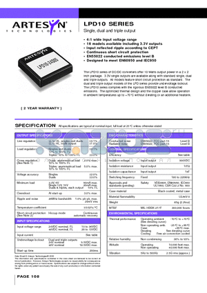 LPD10 datasheet - Single, dual and triple output 10 Watt Wide input DC/DC converters