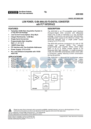 ADS1000A0IDBVRG4 datasheet - LOW POWER, 12-Bit ANALOG-TO-DIGITAL CONVERTER with I2C INTERFACE
