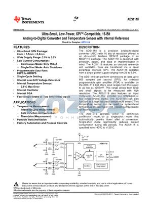 ADS1014 datasheet - Ultra-Small, Low-Power, SPI-Compatible, 16-Bit Analog-to-Digital Converter and Temperature Sensor with Internal Reference