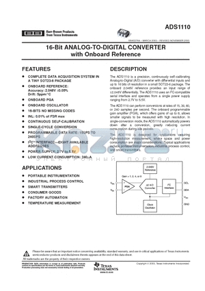 ADS1110A0IDBVR datasheet - 16-Bit ANALOG-TO-DIGITAL CONVERTER with Onboard Reference