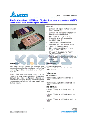 GBIC-1250A5QR datasheet - RoHS Compliant 1250Mbps Gigabit Interface Converters (GBIC) Transceiver Module for Gigabit Ethernet