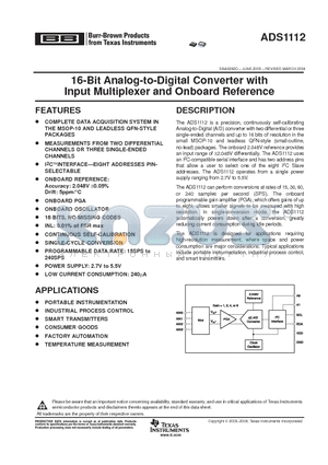 ADS1112IDRCT datasheet - 16-Bit Analog-to-Digital Converter with Input Multiplexer and Onboard Reference