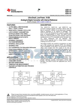 ADS1113 datasheet - Ultra-Small, Low-Power, 16-Bit Analog-to-Digital Converter with Internal Reference