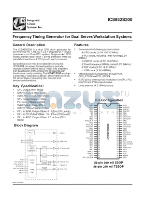 ICS932S200YG-T datasheet - Frequency Timing Generator for Dual Server/Workstation Systems