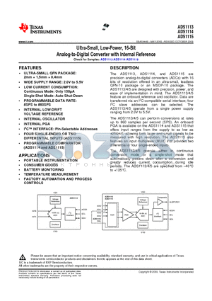 ADS1114 datasheet - Ultra-Small, Low-Power, 16-Bit Analog-to-Digital Converter with Internal Reference