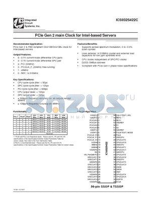 ICS932S422CGLFT datasheet - PCIe Gen 2 main Clock for Intel-based Servers