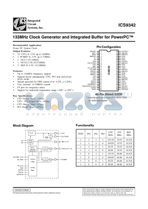 ICS9342YF-T datasheet - 133MHz Clock Generator and Integrated Buffer for PowerPC