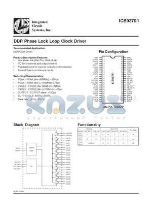 ICS93701YGT datasheet - DDR Phase Lock Loop Clock Driver