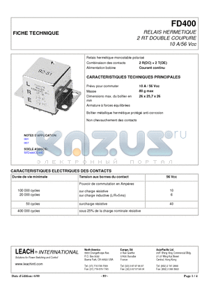 FD400A2N datasheet - RELAIS HERMETIQUE 2 RT DOUBLE COUPURE 10 A/56 Vcc