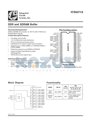 ICS93718YFT datasheet - DDR and SDRAM Buffer