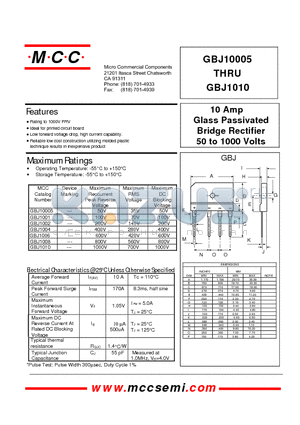 GBJ10005 datasheet - 10 Amp Glass Passivated Bridge Rectifier 50 to 1000 Volts