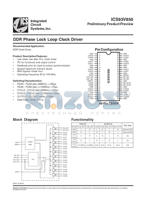 ICS93V850YGT datasheet - DDR Phase Lock Loop Clock Driver
