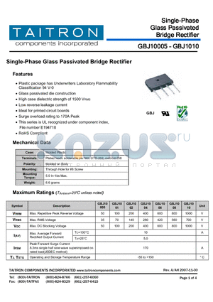GBJ10005 datasheet - Single-Phase Glass Passivated Bridge Rectifier