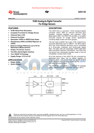 ADS1130 datasheet - 18-Bit Analog-to-Digital Converter For Bridge Sensors