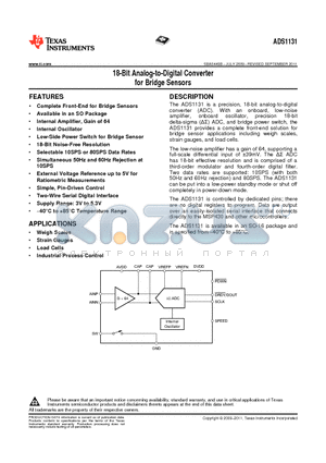 ADS1131 datasheet - 18-Bit Analog-to-Digital Converter for Bridge Sensors