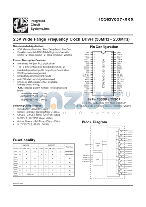 ICS93V857YG-125T datasheet - 2.5V Wide Range Frequency Clock Driver (33MHz - 233MHz)