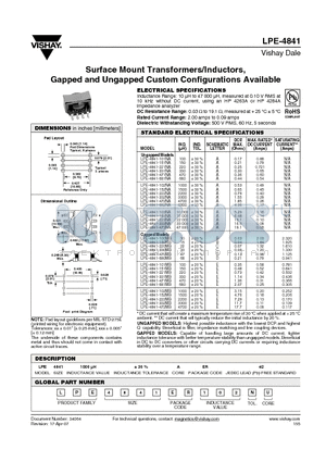 LPE-4841 datasheet - Surface Mount Transformers/Inductors, Gapped and Ungapped Custom Configurations Available