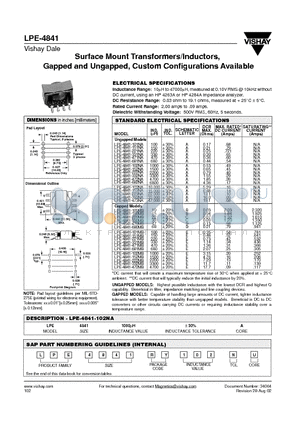 LPE-4841-100MB datasheet - Surface Mount Transformers/Inductors, Gapped and Ungapped, Custom Configurations Available