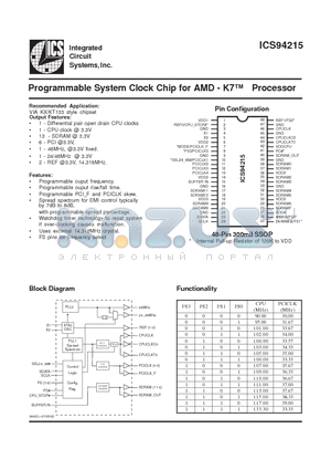 ICS94215 datasheet - Programmable System Clock Chip for AMD - K7 Processor