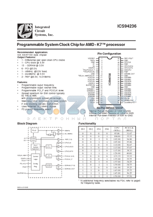 ICS94236YF-T datasheet - Programmable System Clock Chip for AMD - K7 processor