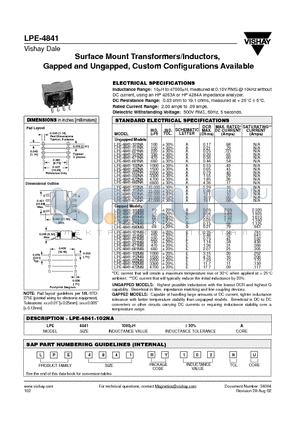 LPE-4841-331NA datasheet - Surface Mount Transformers/Inductors, Gapped and Ungapped, Custom Configurations Available