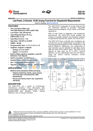 ADS1191 datasheet - Low-Power, 2-Channel, 16-Bit Analog Front-End for Biopotential Measurements