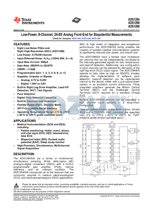 ADS1194 datasheet - Low-Power, 8-Channel, 24-Bit Analog Front-End for Biopotential Measurements