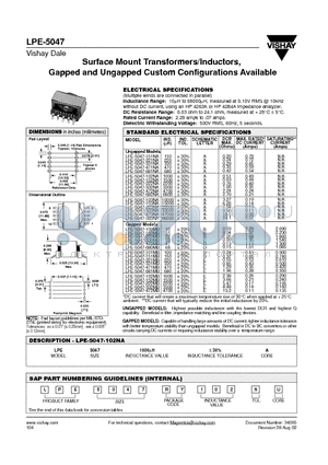 LPE-5047-102MB datasheet - Surface Mount Transformers/Inductors, Gapped and Ungapped Custom Configurations Available