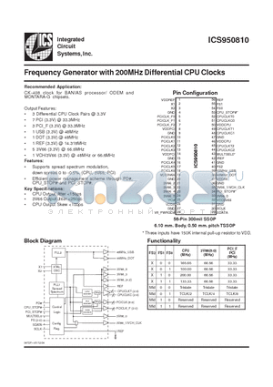 ICS950810 datasheet - Frequency Generator with 200MHz Differential CPU Clocks