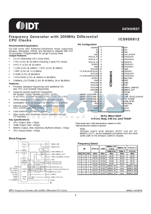ICS950812 datasheet - Frequency Generator with 200MHz Differential CPU Clocks
