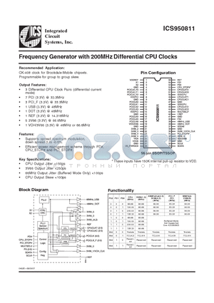 ICS950811 datasheet - Frequency Generator with 200MHz Differential CPU Clocks