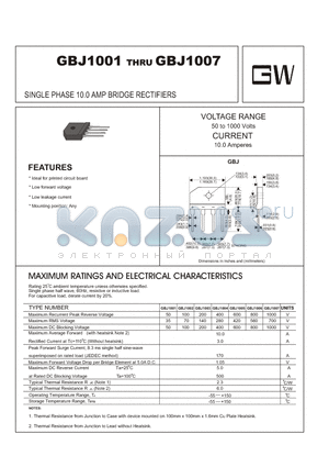 GBJ1005 datasheet - SINGLE PHASE 10.0 AMP BRIDGE RECTIFIERS