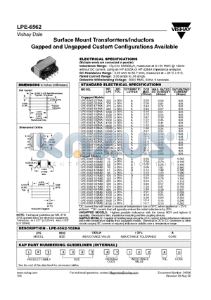 LPE-6562 datasheet - Surface Mount Transformers/Inductors Gapped and Ungapped Custom Configurations Available