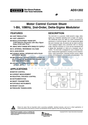 ADS1202I datasheet - Motor Control Current Shunt 1-Bit, 10MHz, 2nd-Order, Delta-Sigma Modulator